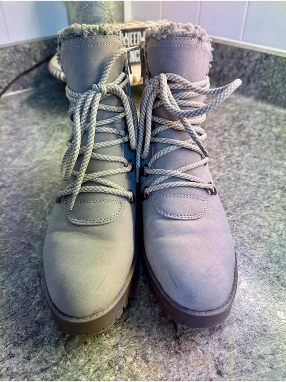 BareTraps Light Gray Faux-Sherpa Lace-Up Winter Boots 7